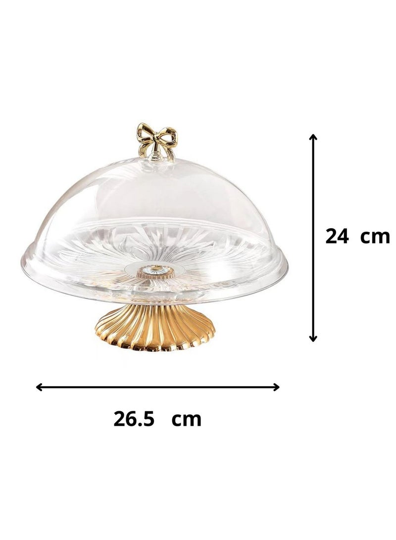 صحن كيك اكريليك شفاف بقاعدة مذهبة وغطاء - Image 3