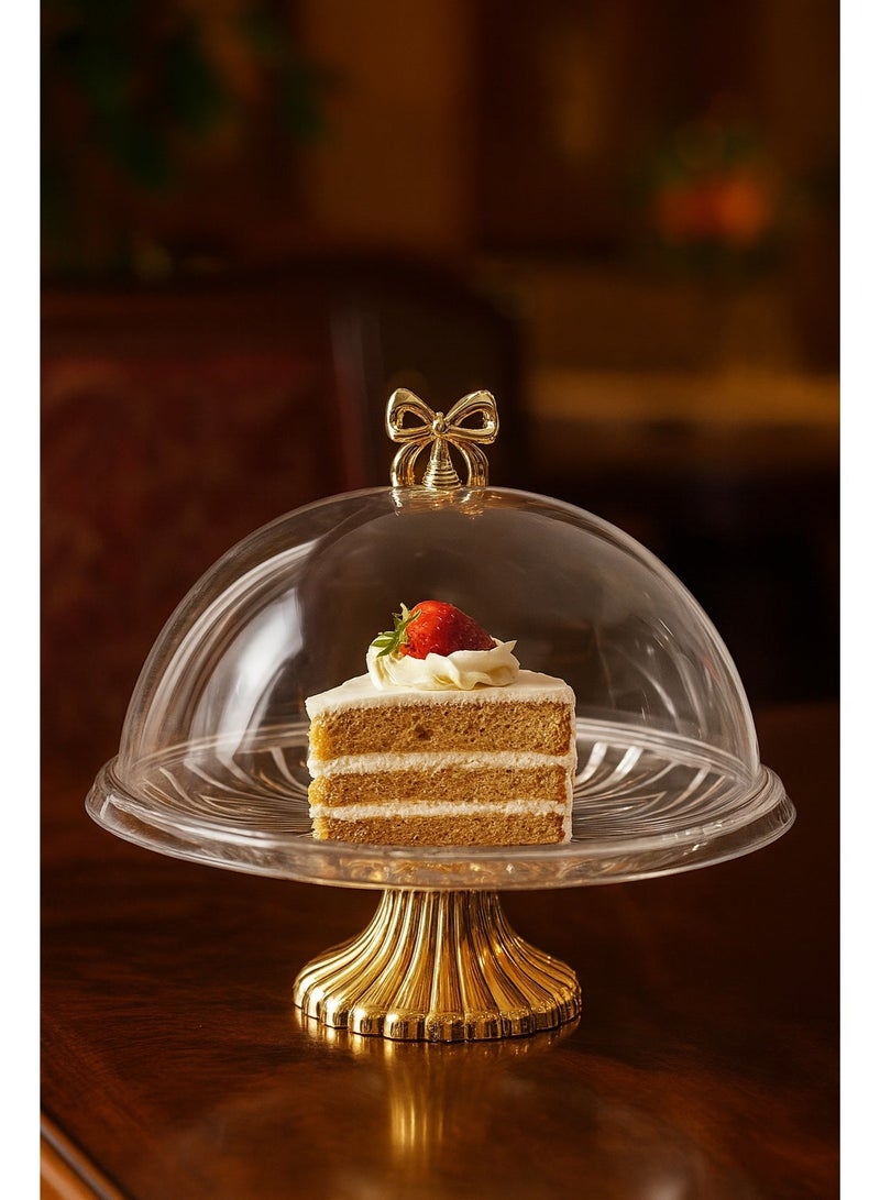 صحن كيك اكريليك شفاف بقاعدة مذهبة وغطاء - Image 1