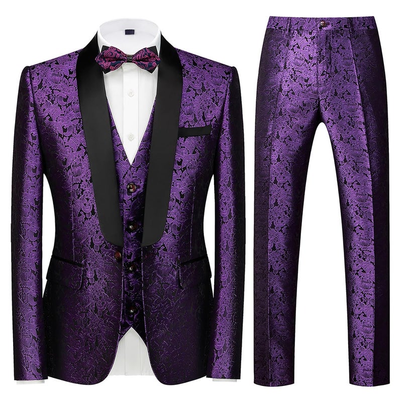 KUDORO Mens Suits Slim Fit 3 Piece Purple Tuxedo Suit Set for Prom Wedding Party Paisley Jacket Vest Pants Homecoming Outfit