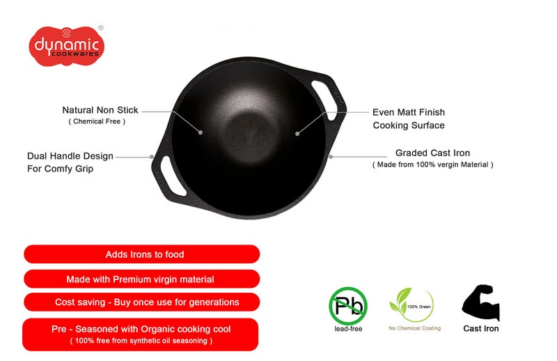 DYNAMIC COOKWARES Pre-Seasoned Even matt Finish Cast Iron Kadai | 8 Inch/21.85 cm | Naturally Nonstick kadhai, 100% Pure & Toxin-Free, No Chemical Coating Wok | Induction Compatible Kadaai - Image 2