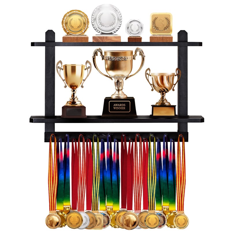 LAVIEVERT Wooden Medal Hanger Trophy Shelf WallMounted Race Medal Display with 2 Tier Storage Shelf Medal Holder Trophy Rack with 19 Hanging Bars Black - Image 2