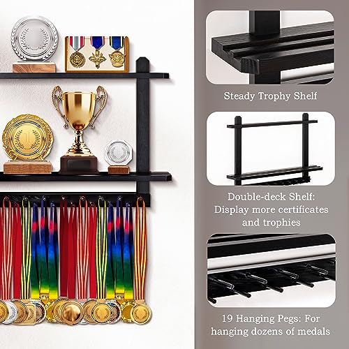 LAVIEVERT Wooden Medal Hanger Trophy Shelf WallMounted Race Medal Display with 2 Tier Storage Shelf Medal Holder Trophy Rack with 19 Hanging Bars Black - Image 3