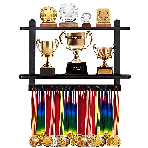 LAVIEVERT Wooden Medal Hanger Trophy Shelf WallMounted Race Medal Display with 2 Tier Storage Shelf Medal Holder Trophy Rack with 19 Hanging Bars Black - Image 1