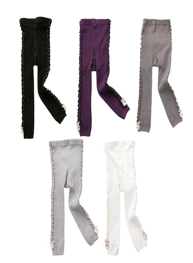 Looching 5 Pack Baby Little Girls Ruffle Lace Accessories Ankle Cable Knit Leggings Pants Kids Footless Tights Stocking (5-8T, White/Gray/Dark Gray/Black/Purple) - Image 2