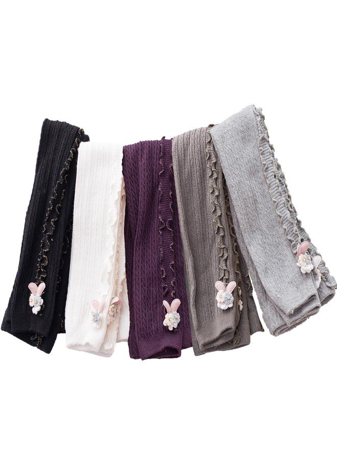 Looching 5 Pack Baby Little Girls Ruffle Lace Accessories Ankle Cable Knit Leggings Pants Kids Footless Tights Stocking (5-8T, White/Gray/Dark Gray/Black/Purple) - Image 3