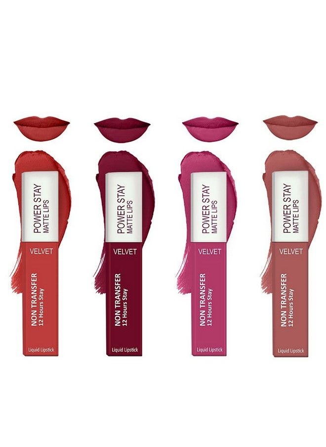 FORSURE - Liquid Matte Lipstick Waterproof Power Stay Lipstick Combo Of 4 (Upto 12 Hrs Stay) (Bright Red Cherry Maroon Pink Blush Peach Nude) - Image 1