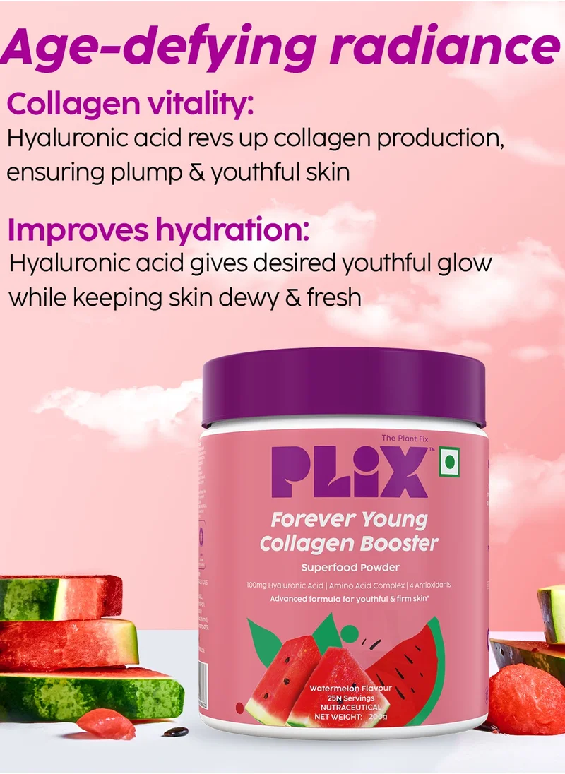 PLIX THE PLANT FIX PLIX THE PLANT FIX Forever Young Collagen Booster Plant-Based Collagen Powder for Skin Elasticity & Renewal- 25 Servings (Watermelon) Pack of 1, 200g