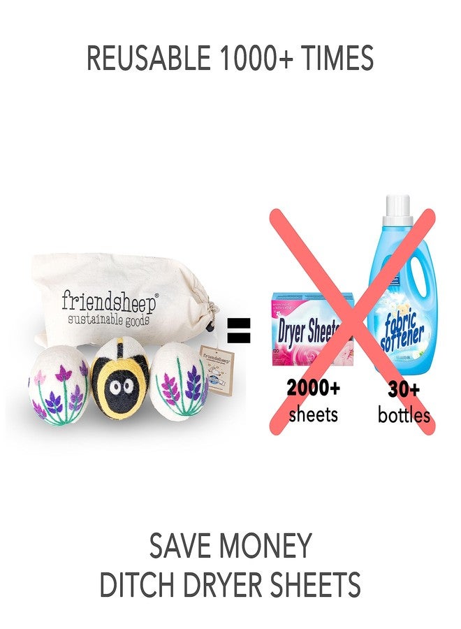 Friendsheep Wool Dryer Balls by Friendsheep 3 Pack XL Organic Premium Reusable Cruelty Free Handmade Fair Trade No Lint Fabric Softener Lavender Fields Bee Flower - Image 3