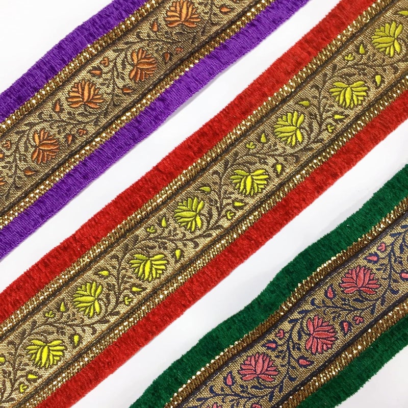 Lami 9 Meter Yellow & Red Border Flower Design Weaving Work Lace with Sequins Work, Banarasi Saree Lace Border Trim Ribbons, Bridal Lehenga Saree Dupatta Suit Anarkali Indian Fashion Accessories - Image 3