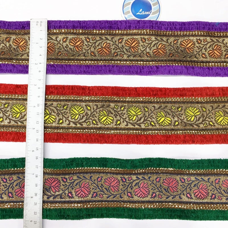 Lami 9 Meter Yellow & Red Border Flower Design Weaving Work Lace with Sequins Work, Banarasi Saree Lace Border Trim Ribbons, Bridal Lehenga Saree Dupatta Suit Anarkali Indian Fashion Accessories - Image 4