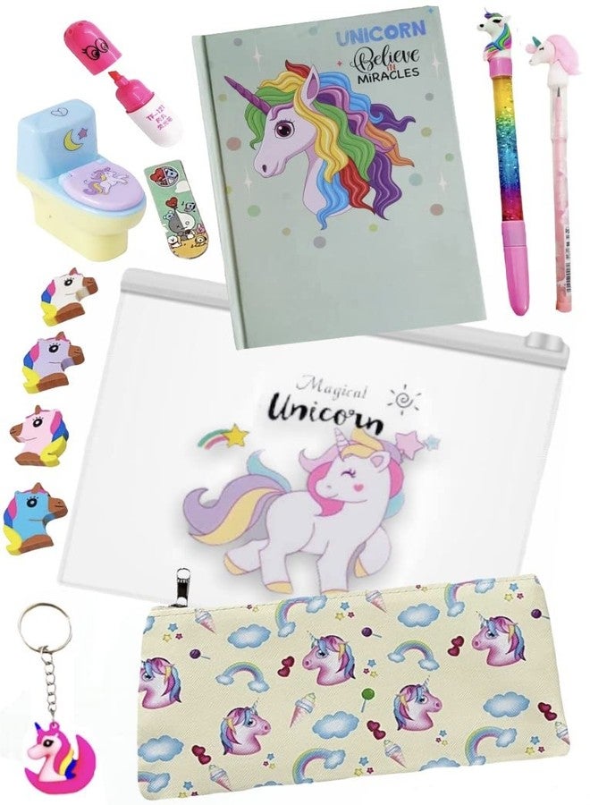 Le Delite Unicorn Diary Notebook secret journal combo for girls Kids, Stylish school stationary pencil pouch folder Pen, Pencil Box cute Eraser (big diary combo) - Image 1