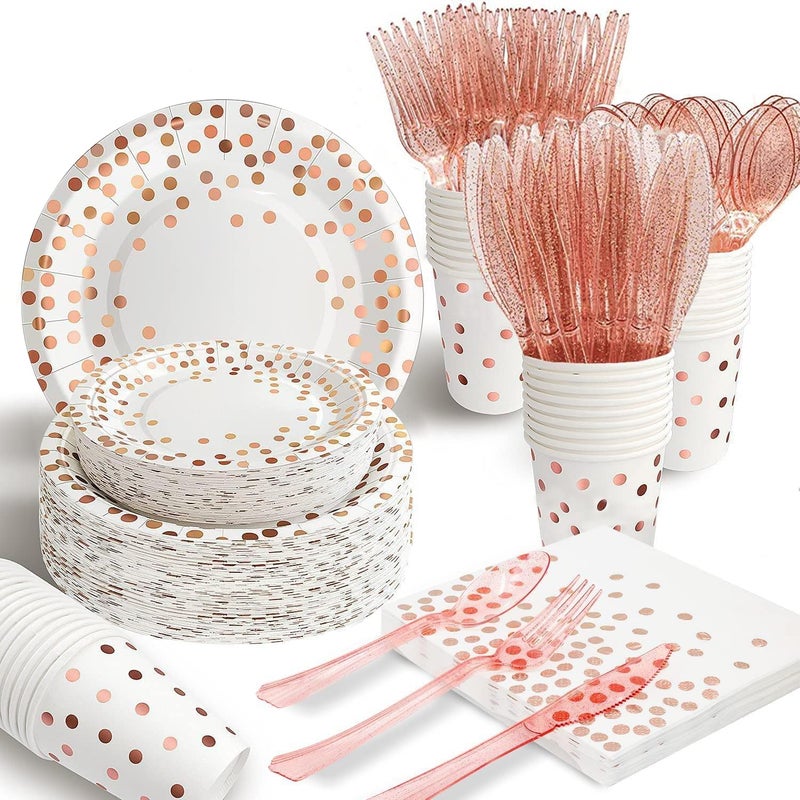 AIRE 175Pcs White Rose Gold Paper Plates Dinnerware Sets for 25 Guests Party Supplies Disposable Paper Party Plates Napkins Cups Plastic Forks Knives Spoons For Birthday Baby Shower Wedding New Year