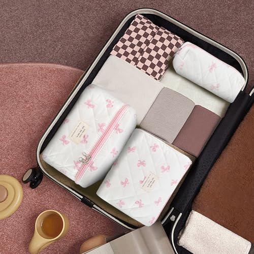 GISMTR 3Pcs Makeup Bag Cotton Quilted Travel Cosmetic Bag Cute Floral Makeup Pouch Large Toiletry Bag for Women Girls (Bow-Pink) - Image 5