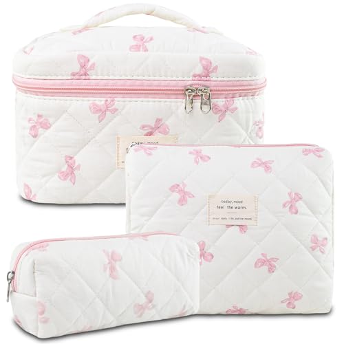 GISMTR 3Pcs Makeup Bag Cotton Quilted Travel Cosmetic Bag Cute Floral Makeup Pouch Large Toiletry Bag for Women Girls (Bow-Pink) - Image 1