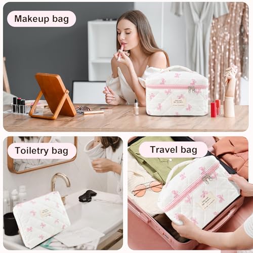 GISMTR 3Pcs Makeup Bag Cotton Quilted Travel Cosmetic Bag Cute Floral Makeup Pouch Large Toiletry Bag for Women Girls (Bow-Pink) - Image 3