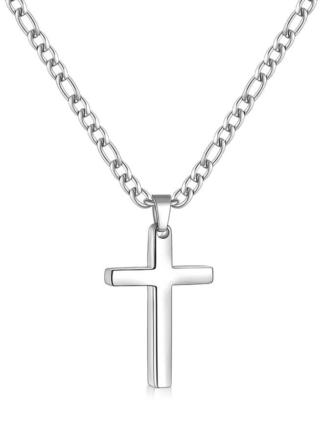 Fiusem قلادة صليب فضية اللون من فيوسيم للرجال، مصنوعة من الفولاذ المقاوم للصدأ، مع سلسلة فيجارو 3.5 مم، طول السلسلة من 16 إلى 24 بوصة، أو 20 بوصة، مصنوعة من الفولاذ المقاوم للصدأ، بدون أحجار كريمة. - Image 1