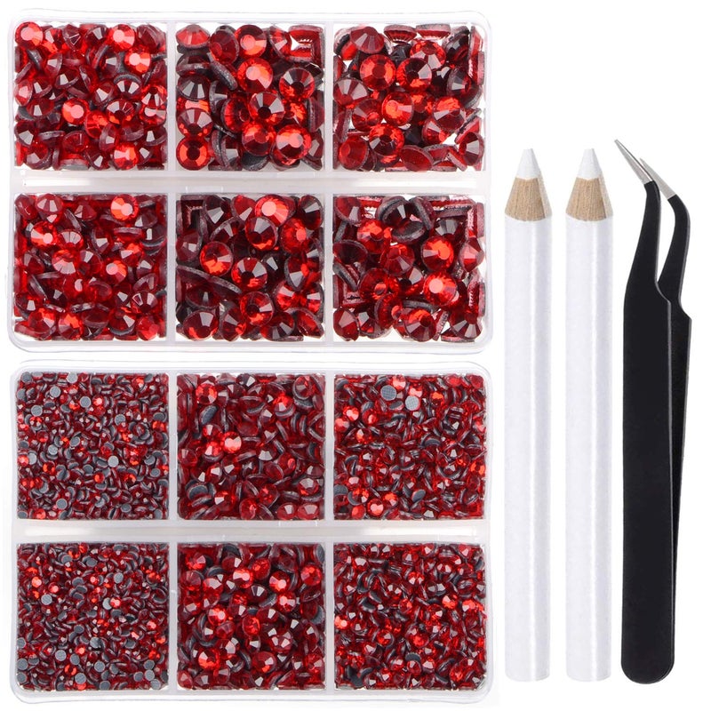 LPBeads 6400 Pieces Hotfix Rhinestones Siam Flat Back 5 Mixed Sizes Crystal Round Glass Gems with Tweezers and Picking Rhinestones Pen