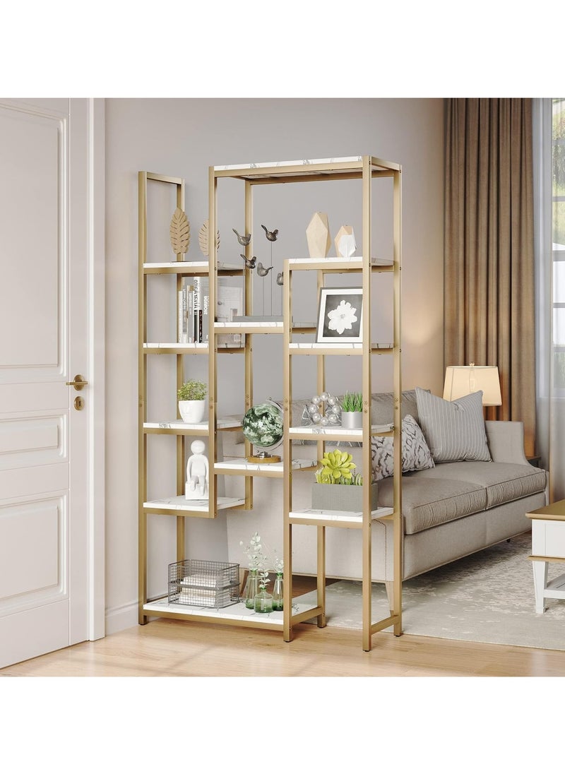 LINGWEI - Metal Bookcase With Marble Shelve Bookshelf Gold 97.99x180.49x29.99cm - Image 1