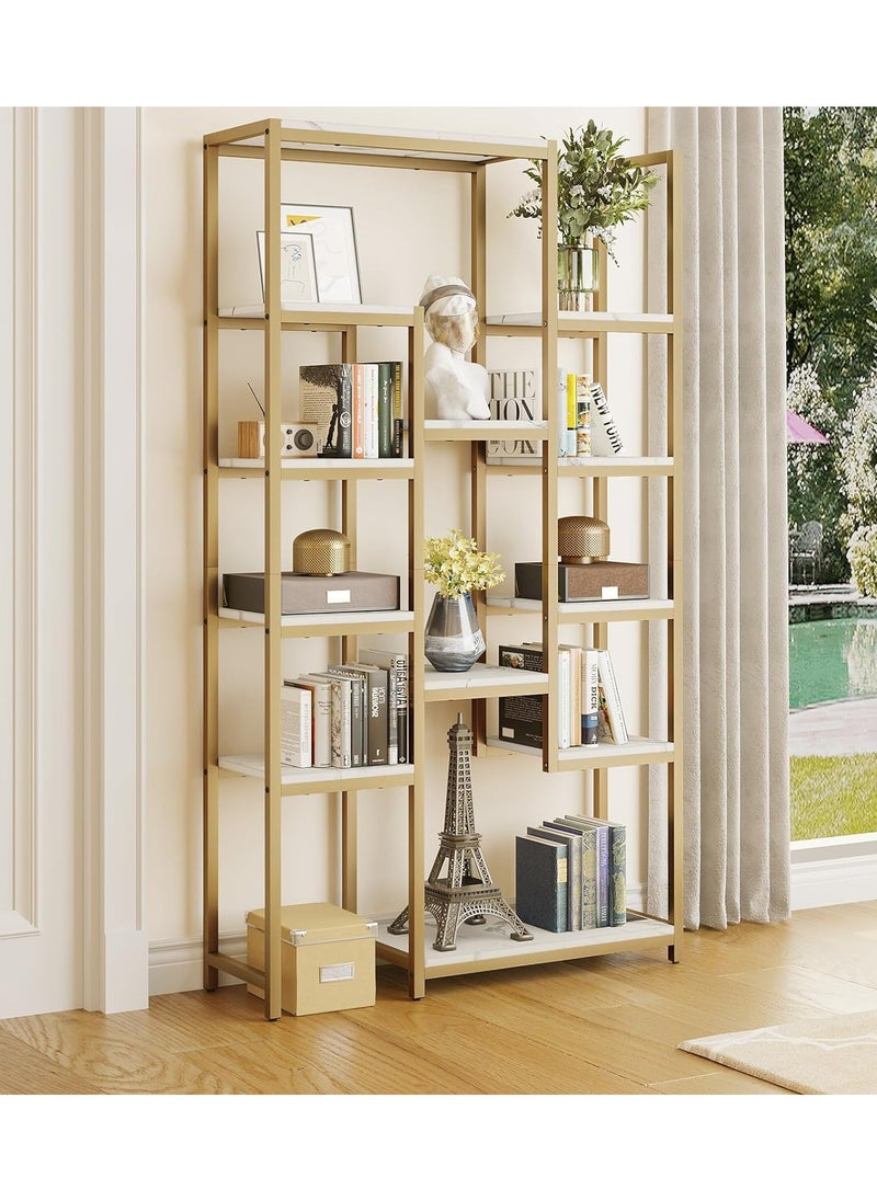 LINGWEI - Metal Bookcase With Marble Shelve Bookshelf Gold 97.99x180.49x29.99cm - Image 1