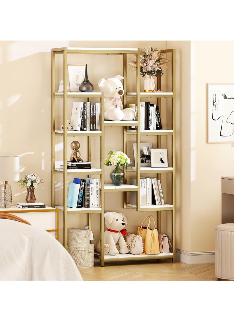 LINGWEI - Metal Bookcase With Marble Shelve Bookshelf Gold 97.99x180.49x29.99cm - Image 1