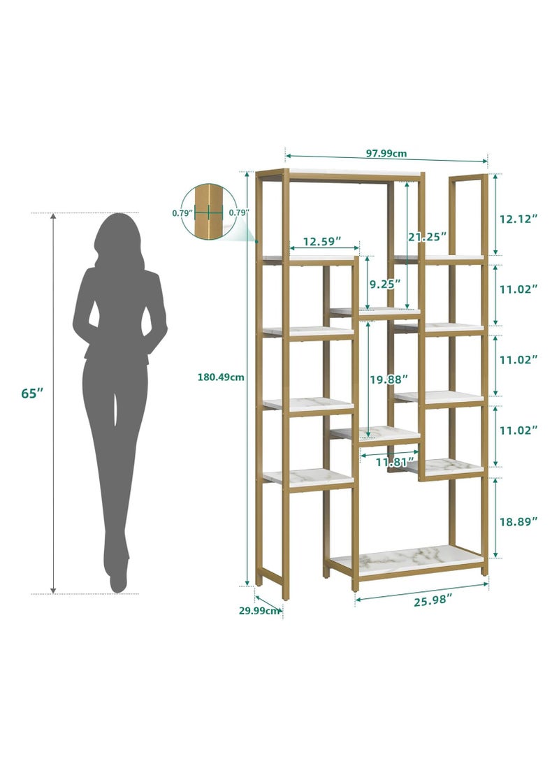 LINGWEI - Metal Bookcase With Marble Shelve Bookshelf Gold 97.99x180.49x29.99cm - Image 1