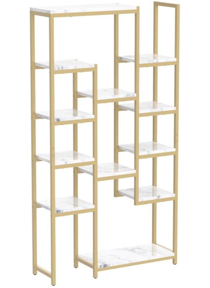 LINGWEI - Metal Bookcase With Marble Shelve Bookshelf Gold 97.99x180.49x29.99cm - Image 1