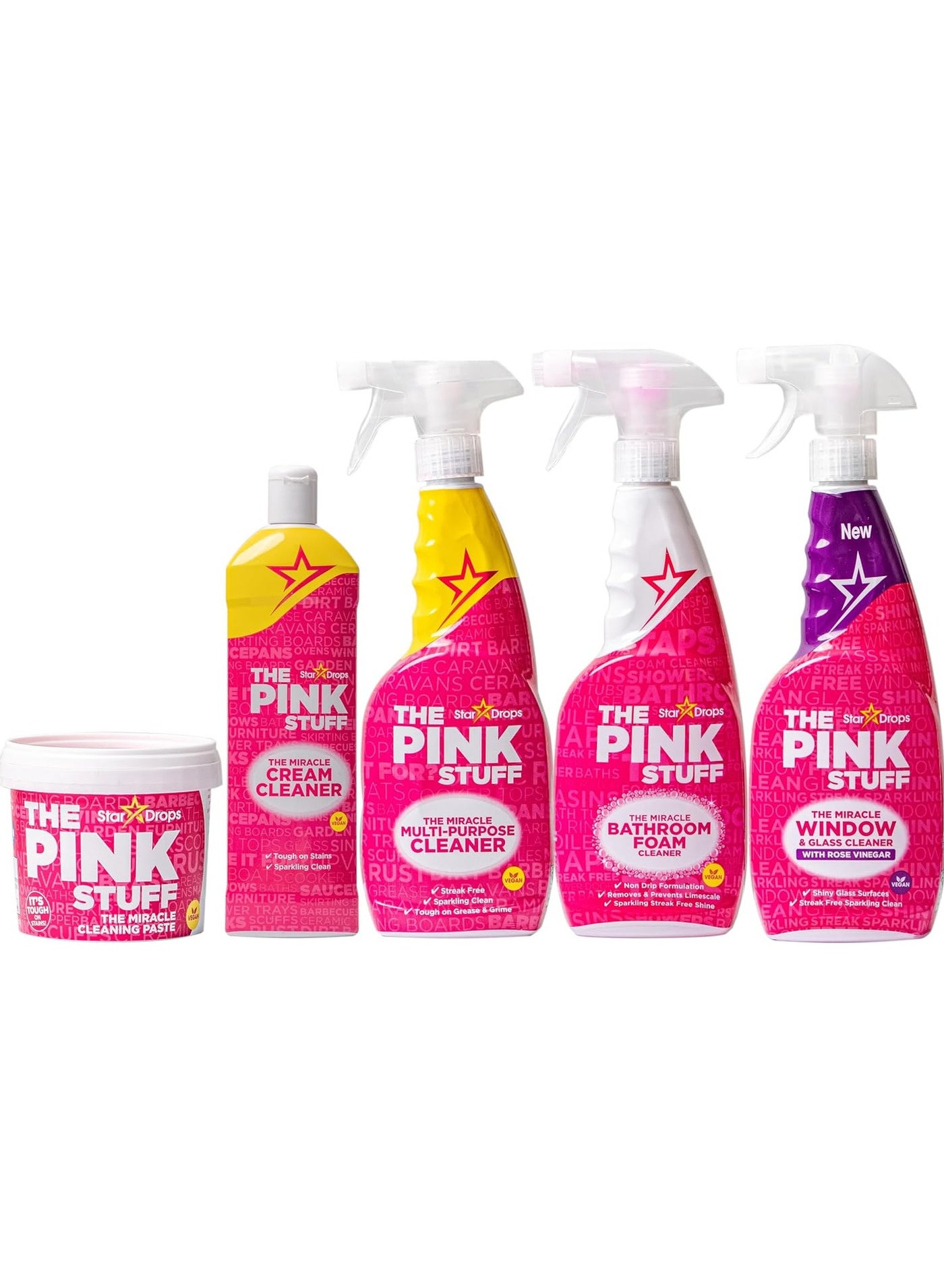 Stardrops The Pink Stuff - The Miracle Cleaning Paste, Multi-Purpose Spray, Bathroom Foam Spray, Window & Glass Cleaner, and Cream Cleaner Bundle