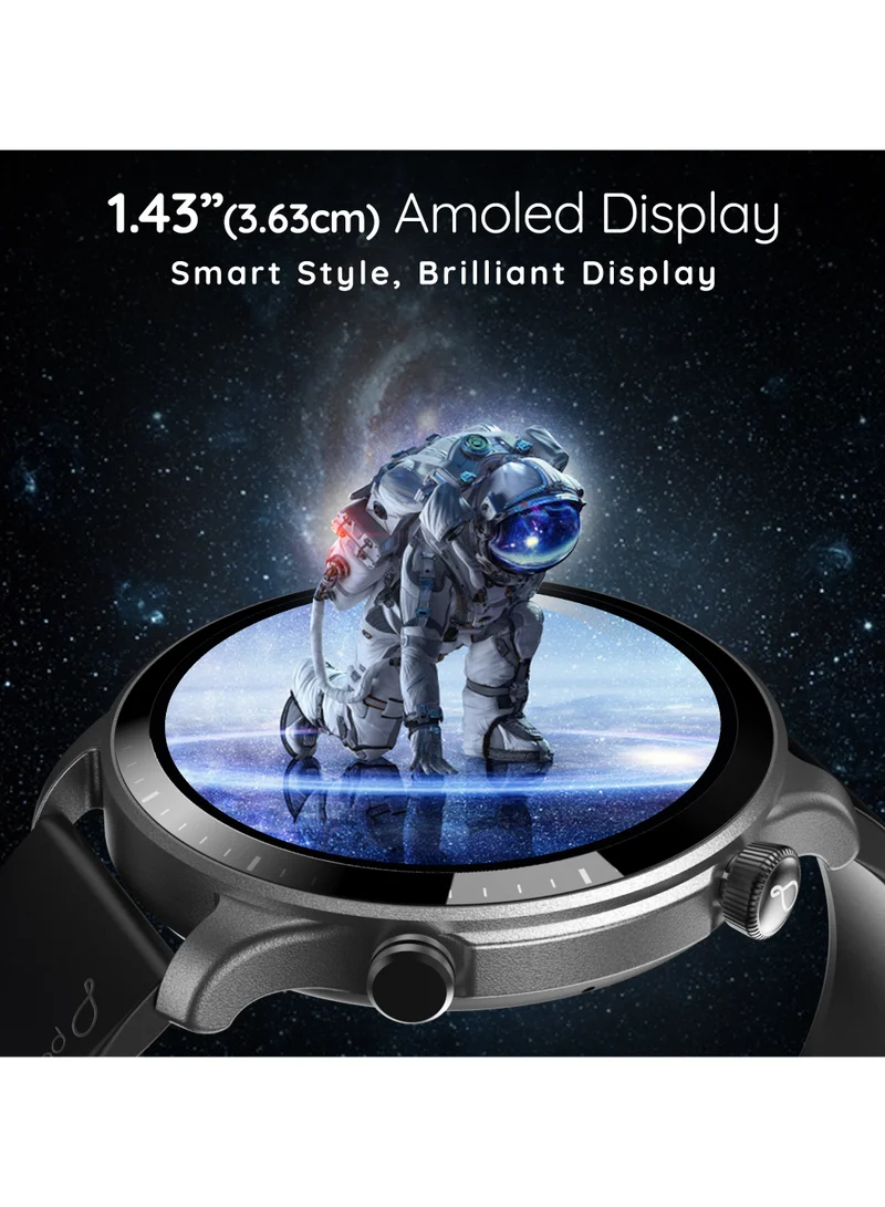 Pebble Cosmos Luxe 3, 1.43" Amoled Display Smartwatch, Round Shaped Dial, Compatible with Android & iOS, IP67 Water Resistant, Health Suite, Multiple Watch Faces, AI Voice Assistance, Jet Black