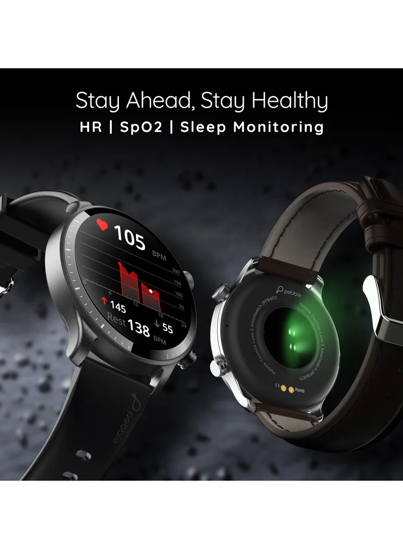 Pebble Cosmos Luxe 3, 1.43" Amoled Display Smartwatch, Round Shaped Dial, Compatible with Android & iOS, IP67 Water Resistant, Health Suite, Multiple Watch Faces, AI Voice Assistance, Jet Black