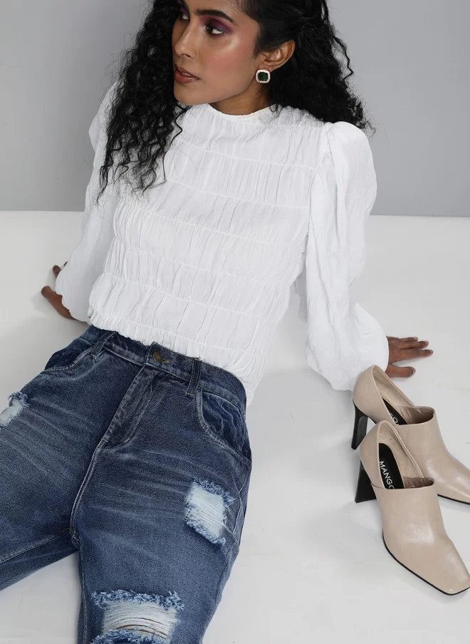 ساسافراس جينز قصير نسائي بخصر مرتفع وتمزقات بارزة