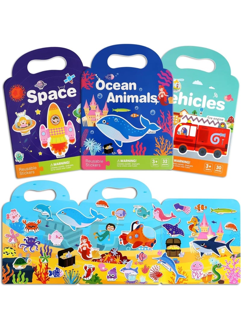 Zikra 3 Pack Reusable Sticker Books for Toddlers, Kids Sticker Sets for 3-4 Year Olds, Travel Learning Activities Fun Toys, Boys Girls Easter Birthday Gift Bulk(Vehicles, Ocean Animals, Space) - Image 1