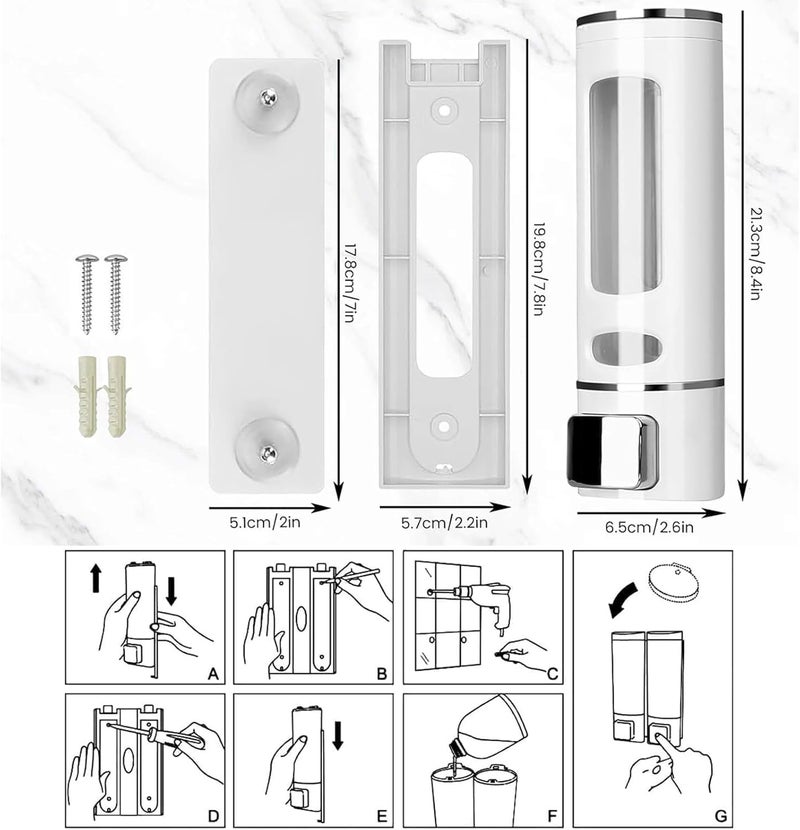 BLIXAR Wall Mounted Hand Soap Dispenser, 400ml Shower Pump, Clear Refillable Liquid Lotion Soap Dispenser, Gel Container Shower Pump Dispenser and Organizer for Bathroom Kitchen (2, White) - Image 2