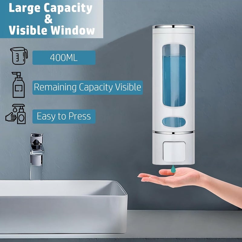 BLIXAR Wall Mounted Hand Soap Dispenser, 400ml Shower Pump, Clear Refillable Liquid Lotion Soap Dispenser, Gel Container Shower Pump Dispenser and Organizer for Bathroom Kitchen (2, White) - Image 4