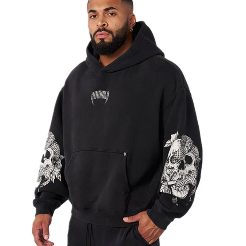 YOUNGLA New Mens Hooded Sleeve Printed Pullover Loose Sweatshirt Gym Running Training Wear Sportswear Navy blue - Image 2