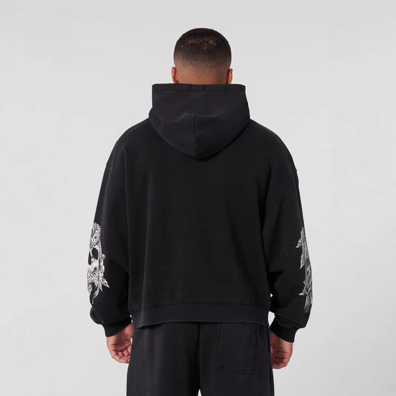 YOUNGLA New Mens Hooded Sleeve Printed Pullover Loose Sweatshirt Gym Running Training Wear Sportswear Navy blue - Image 5