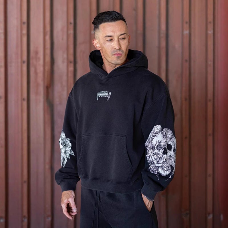 YOUNGLA New Mens Hooded Sleeve Printed Pullover Loose Sweatshirt Gym Running Training Wear Sportswear Navy blue - Image 4