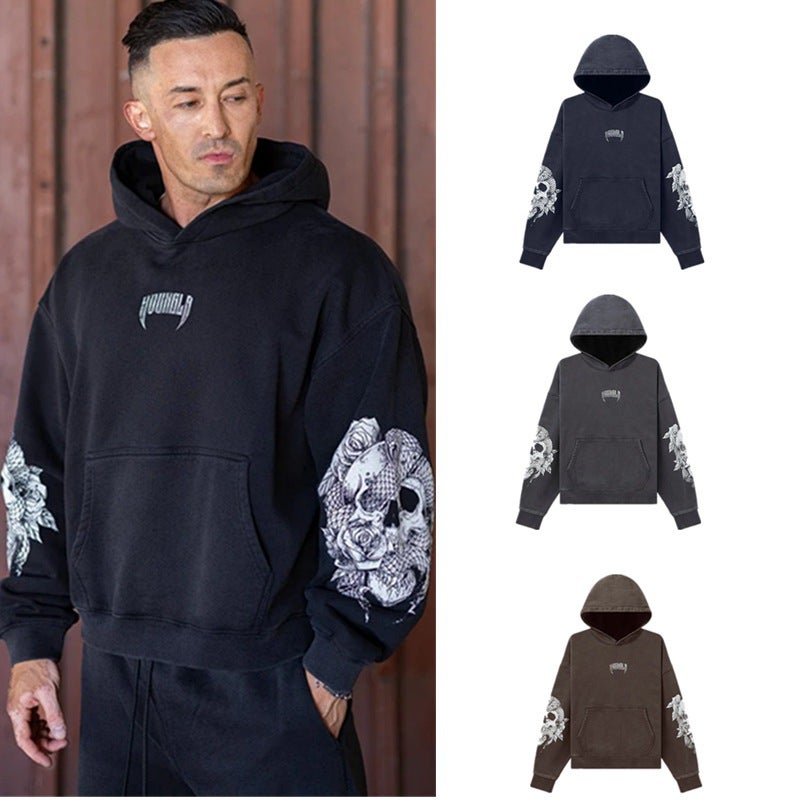 YOUNGLA New Mens Hooded Sleeve Printed Pullover Loose Sweatshirt Gym Running Training Wear Sportswear Navy blue - Image 3