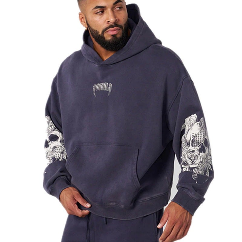 YOUNGLA New Mens Hooded Sleeve Printed Pullover Loose Sweatshirt Gym Running Training Wear Sportswear Navy blue - Image 1