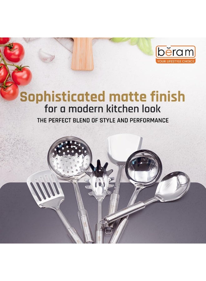 BERAM Stainless Steel Cooking Utensils Set – 6-Piece Kitchen Tool Set with Pasta Server Turner Spatula Skimmer Rice Scoop & Soup Ladle – Durable Matte Silver Cookware Utensils - Image 2