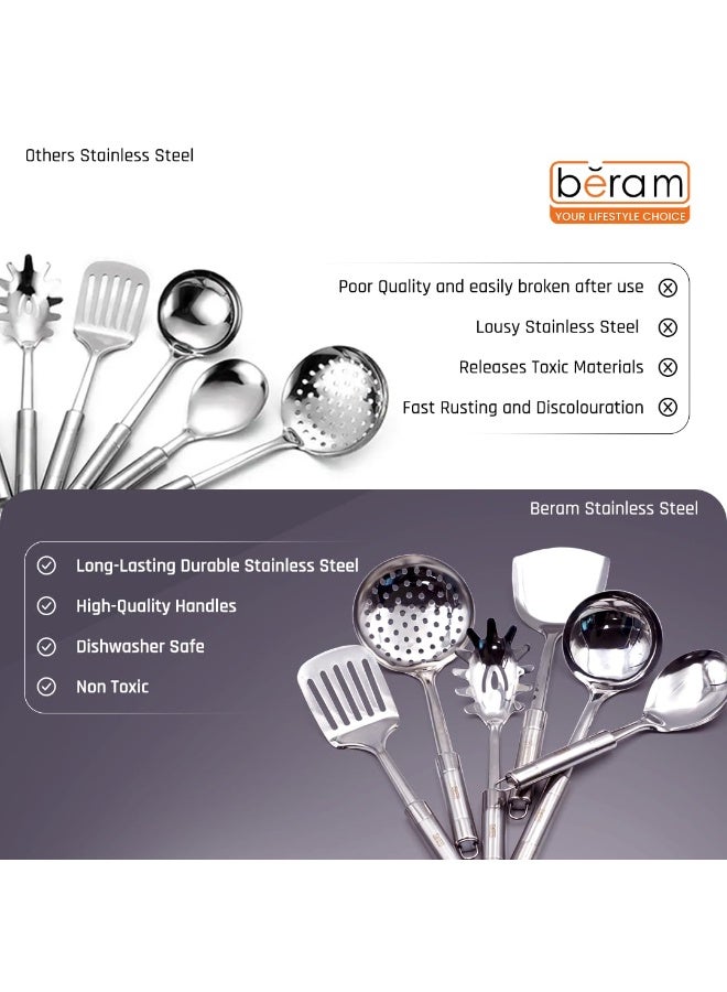 BERAM Stainless Steel Cooking Utensils Set – 6-Piece Kitchen Tool Set with Pasta Server Turner Spatula Skimmer Rice Scoop & Soup Ladle – Durable Matte Silver Cookware Utensils - Image 3
