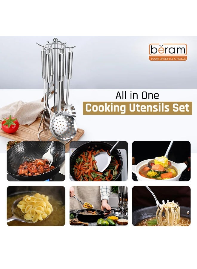 BERAM Stainless Steel Cooking Utensils Set – 6-Piece Kitchen Tool Set with Pasta Server Turner Spatula Skimmer Rice Scoop & Soup Ladle – Durable Matte Silver Cookware Utensils - Image 4