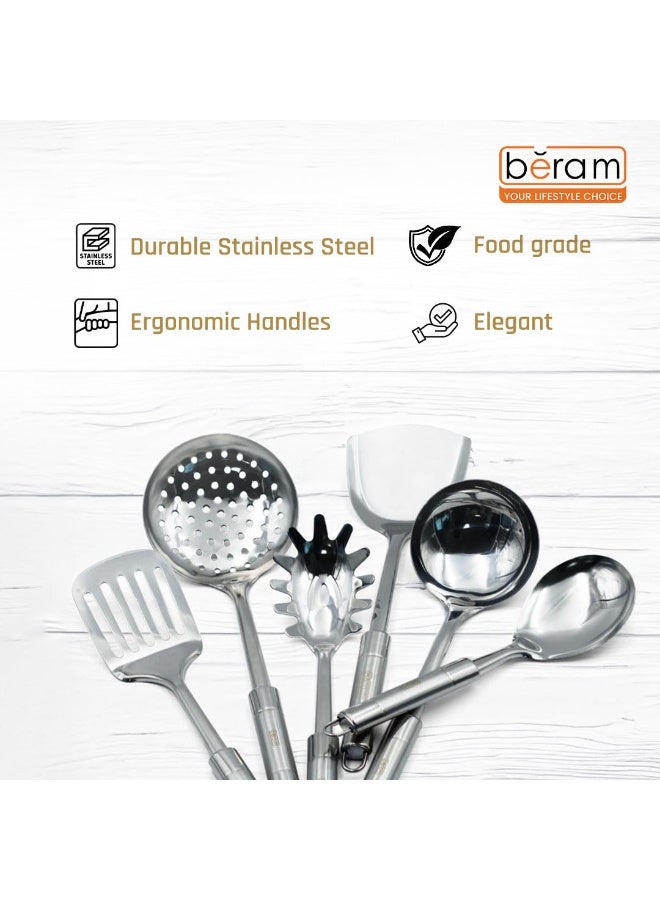 BERAM Stainless Steel Cooking Utensils Set – 6-Piece Kitchen Tool Set with Pasta Server Turner Spatula Skimmer Rice Scoop & Soup Ladle – Durable Matte Silver Cookware Utensils - Image 5