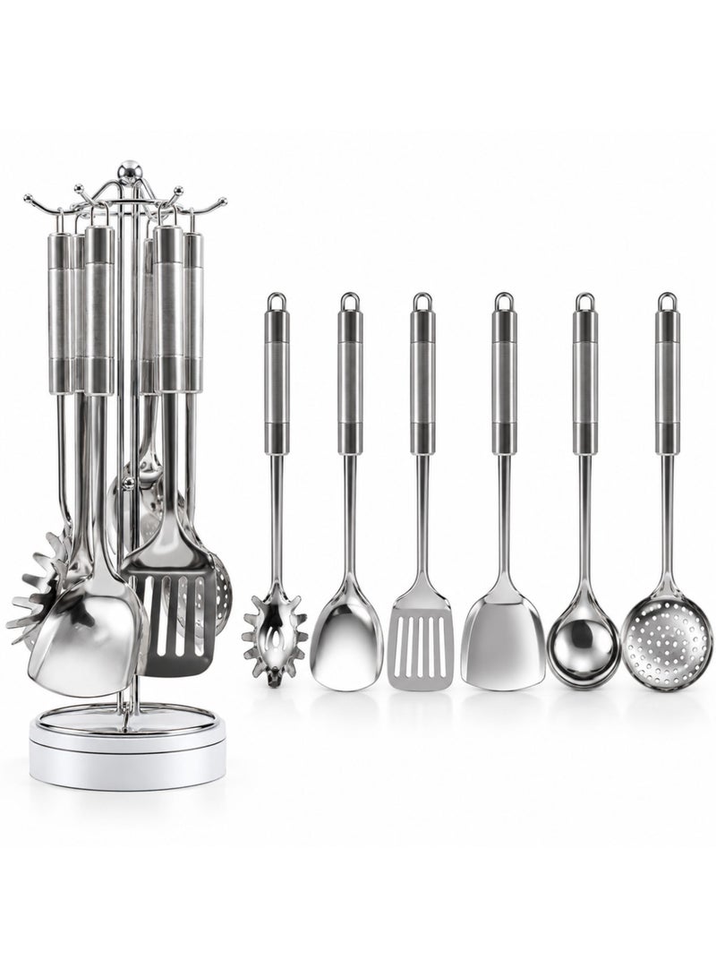 BERAM Stainless Steel Kitchen Utensils Set, 6-Piece Matte Silver Pasta Server, Rice Scoop, Turner, Spatula, Soup Ladle and Skimmer - Image 1