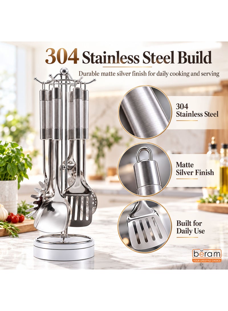 BERAM Stainless Steel Kitchen Utensils Set, 6-Piece Matte Silver Pasta Server, Rice Scoop, Turner, Spatula, Soup Ladle and Skimmer - Image 2