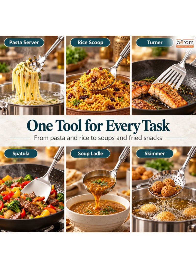 BERAM Stainless Steel Kitchen Utensils Set, 6-Piece Matte Silver Pasta Server, Rice Scoop, Turner, Spatula, Soup Ladle and Skimmer - Image 3