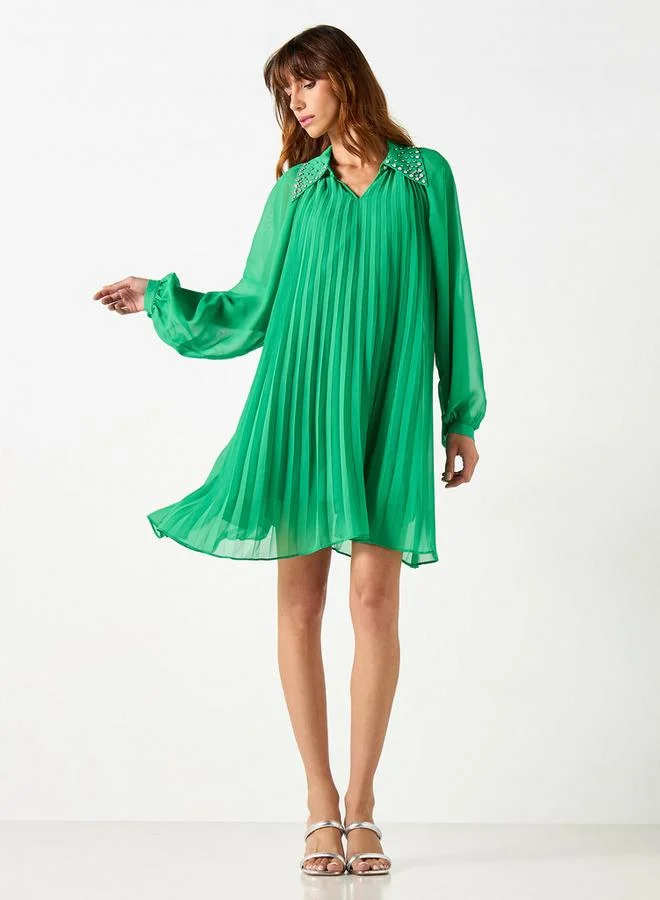 2Xtremz 2Xtremz Pleated Dress with Embellished Collar and Bishop Sleeves