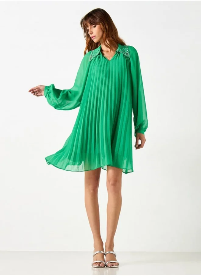2Xtremz 2Xtremz Pleated Dress with Embellished Collar and Bishop Sleeves