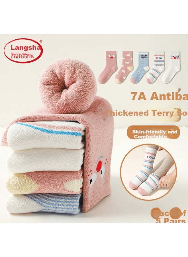Langsha Kids Fleece Lined Thickened Winter Antibacterial Deodorant Terry Socks Girls Students Baby Warm 5 Pairs Cotton Socks