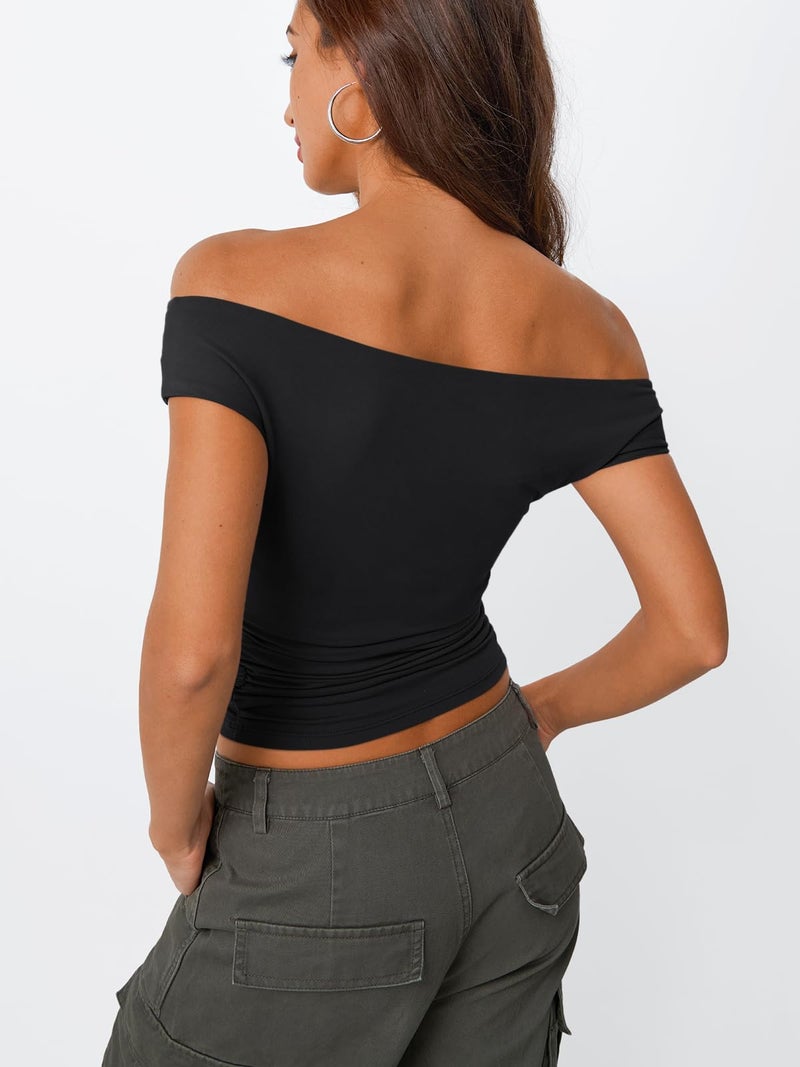 Trendy Queen Off The Shoulder Black Tops for Women Going Out Y2K Summer Cute Shirts Sexy 2026 Double Lined Date Night Spring Club Outfits L - Image 4
