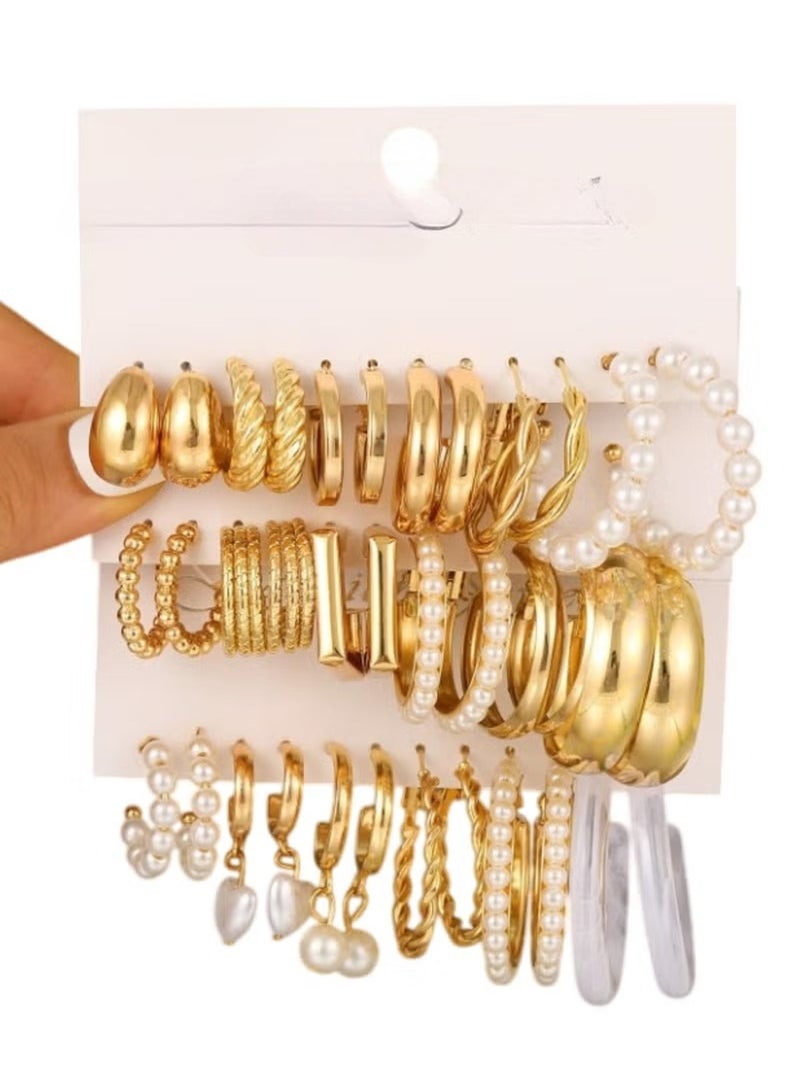 Huitich 18-Piece Gold Colour Hoop & Pearl Earrings Set – Elegant & Versatile Jewelry Collection - Image 1